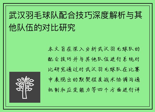 武汉羽毛球队配合技巧深度解析与其他队伍的对比研究
