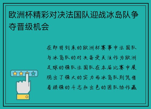 欧洲杯精彩对决法国队迎战冰岛队争夺晋级机会